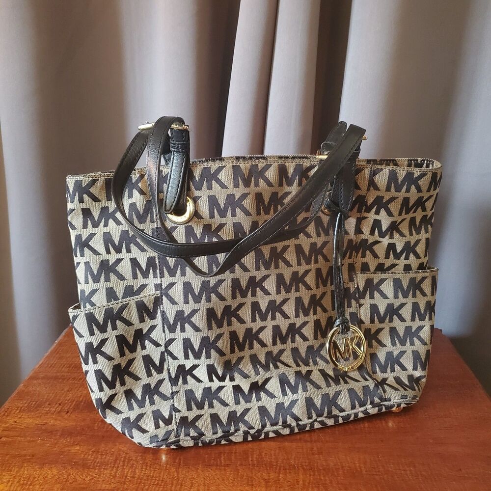 Michael Kors Jet Set Designer Shoulder Bag Travel Tote Purse, Tan & Black